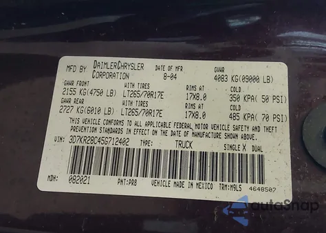 2005 Dodge Ram 2500 Slt/Laramie z USA, uszkodzony, nr VIN 3D7KR28C45G712402